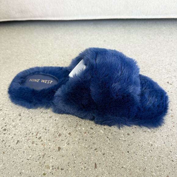 Nine West Dark Blue Cross Fur Slide Slippers - Picture 5 of 7